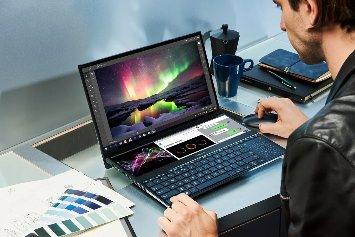 Ноутбук для дизайна 2024. ZENBOOK Pro Duo ux581. Ноутбук ASUS ZENBOOK Pro. ASUS ZENBOOK Pro Duo 15. Асус с 2 экранами ноутбук.