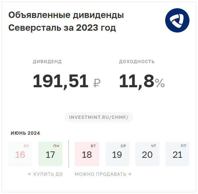 Дивиденды Северстали за 2023 год, скриншот сервиса Investmint.ru