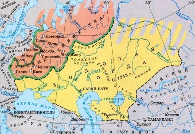 Границы Руси и Золотой Орды. Если и были какие-то улусы в этом татарском государстве на западе, то только Волжская Болгария, Крым и Заднепровщина