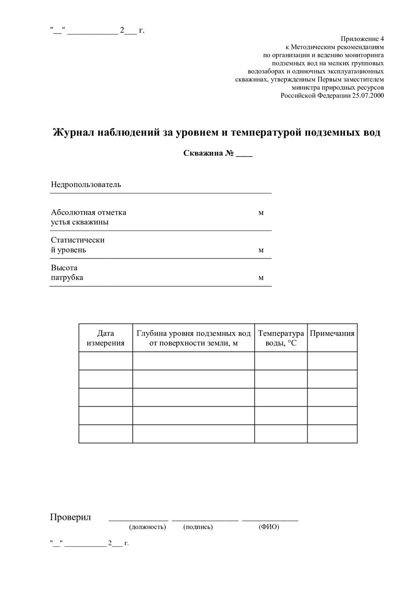 Форма журнала наблюдений за уровнем подземных вод