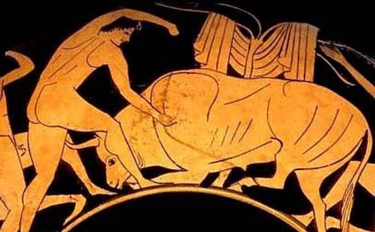 Подвиг 7 букв. 7 Подвиг Геракла. Геракл и Критский бык. Критский бык вазопись. Минос это в древней Греции.