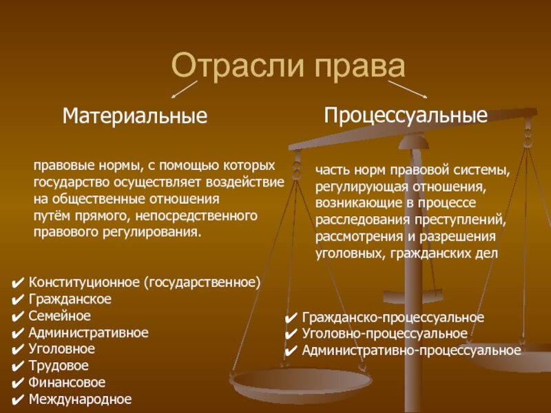 Гражданское уголовное административное относится к группе. Материальное и процессуальное право отрасли.