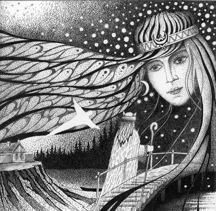 «Мара пришла... и оборвалась нить жизни, Велес проводит душу по Калинову мосту, через реку Смородину, через Навь, в светлый Ирий» – работа художника Владимира Буткова