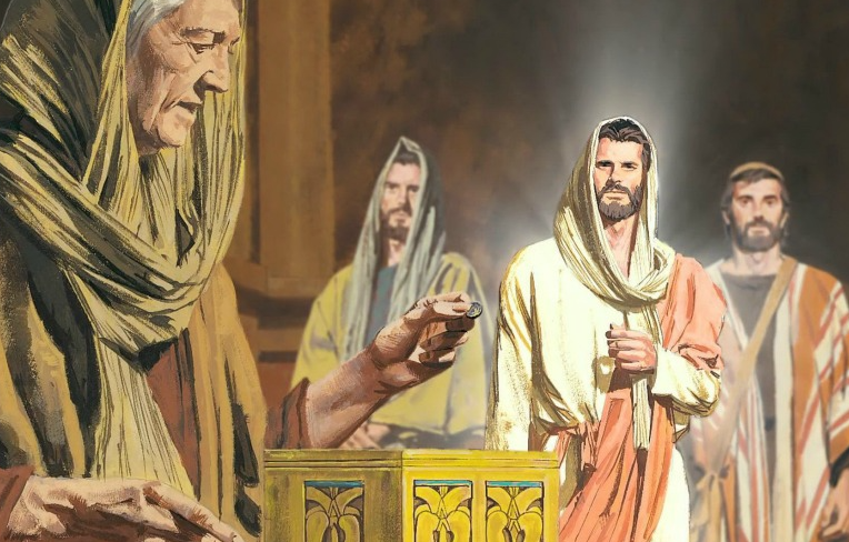 Иисус комментирует дар вдовы церкви в размере 2 лепты