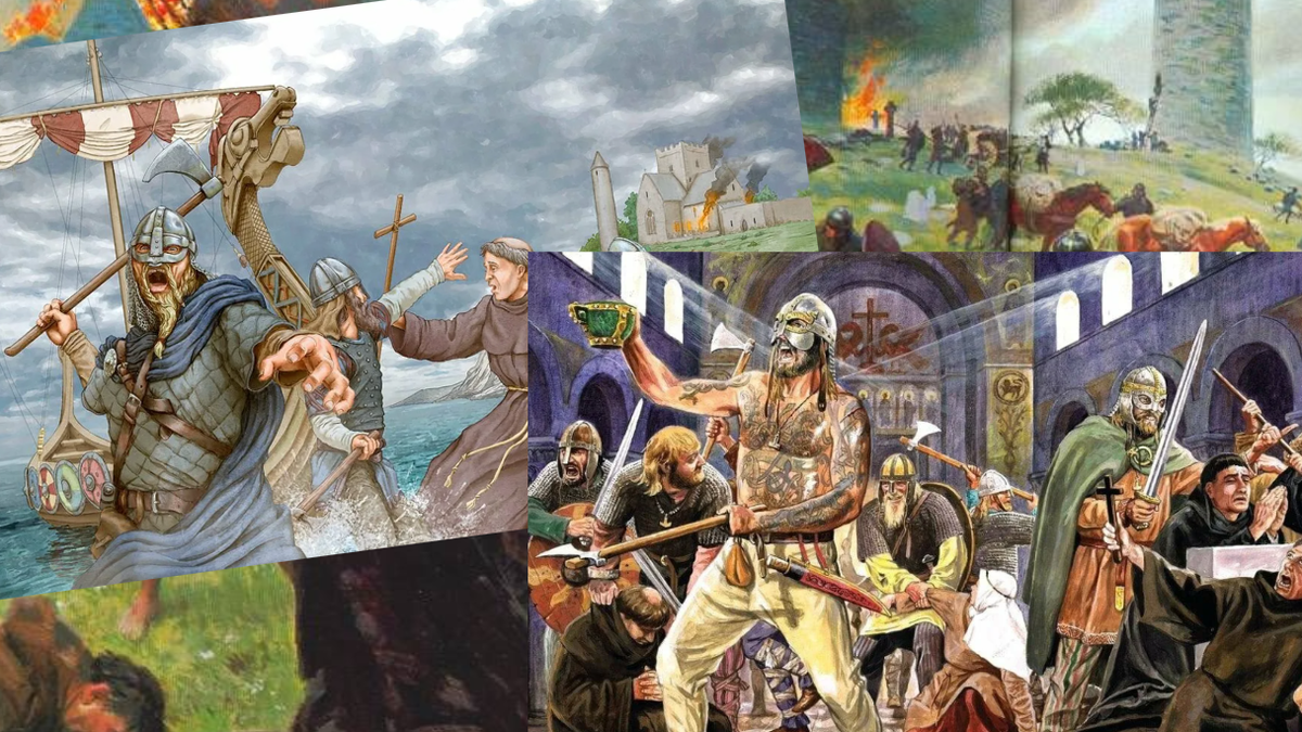 Изображения викингов совершающих набег на святыню в Линдисфарне.