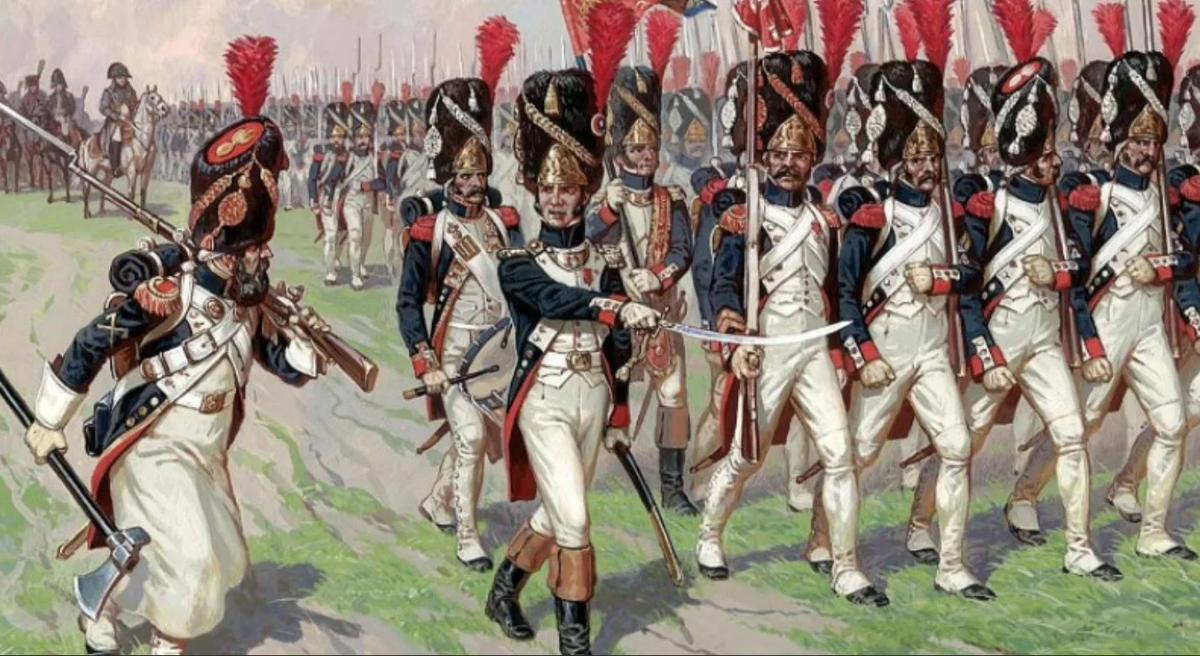 Характерные шапки лучших французских воинов - визитная карточка на любом поле боя. Когда вдали виднелись эти меховые шапки, со вставками из латуни и красным пером, враг задолго начинал понимать, что у него очень большие проблемы. Картина из свободных источников на правах добросовестного цитирования.