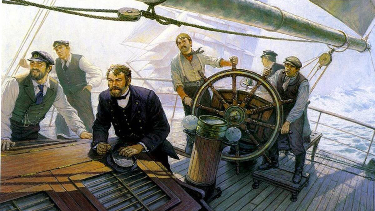 Грей стоял у штурвала корабля секрет. John michael groves художник-маринист. капитан корабля на мостике. моряки в живописи. капитан на палубе корабля.