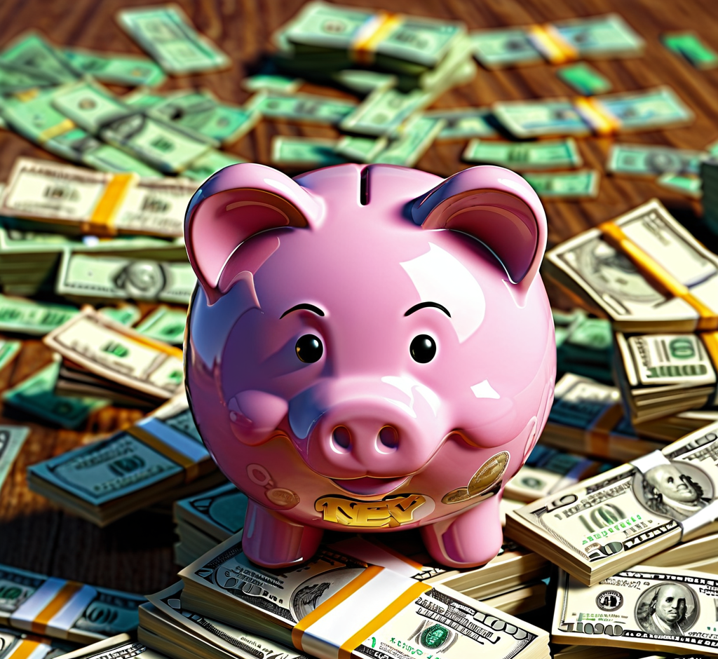 Пачки денег и копилка. Иллюстрация сгенерирована нейросетью