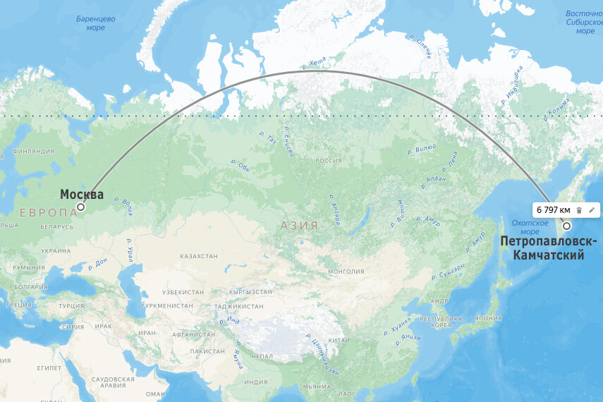 Расстояние от Москвы до Камчатки. Фрагмент скриншота "Яндекс.Карт"