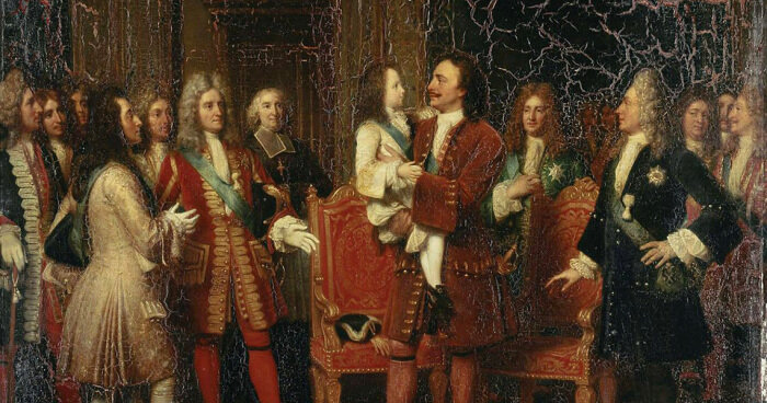 10 мая 1717 года. Пётр Первый держит на руках будущего короля Франции Людовика XV Возлюбленного. Картина Луизы Херсент, находящаяся в Версальском дворце./Фото: ic.pics.livejournal.com