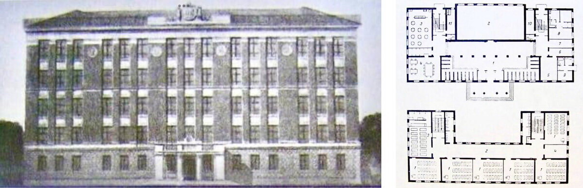 Типовой проект школы Л. А. Степановой и С. Д. Юсина. Главный фасад и поэтажные планы