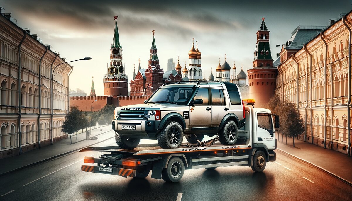 Land Rover Discovery 3 на эвакуаторе едет по Москве с видом на Кремль на заднем плане