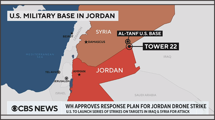 ИЗДАНИЕ CBS NEWS В СВОЁМ ЭФИРЕ ПОКАЗАЛО КАРТУ, ОТКУДА США БУДУТ НАНОСИТЬ УДАРЫ ПО ЦЕЛЯМ В ИРАКЕ И СИРИИ В ОТВЕТ НА АТАКУ ИОРДАНСКОГО БЕСПИЛОТНИКА. СКРИНШОТ КАДРА ВИДЕО CBS NEWS