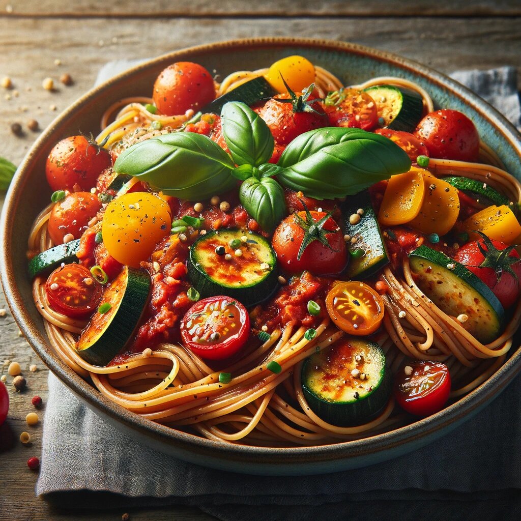 Цельнозерновые паста или спагетти с томатным соусом и овощами