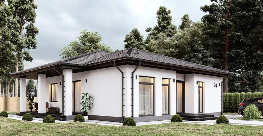 Изящный одноэтажный дом. Вид сбоку.