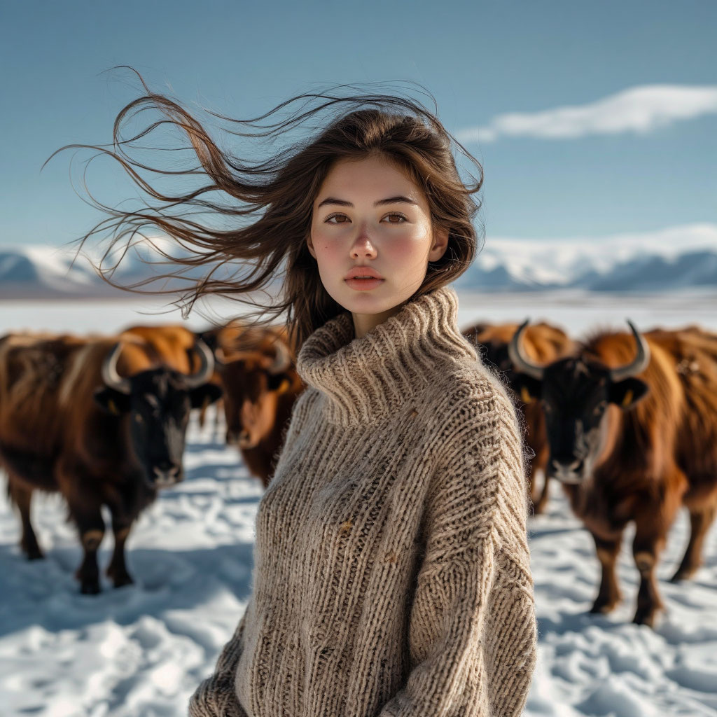 Девушка на фоне стада яков