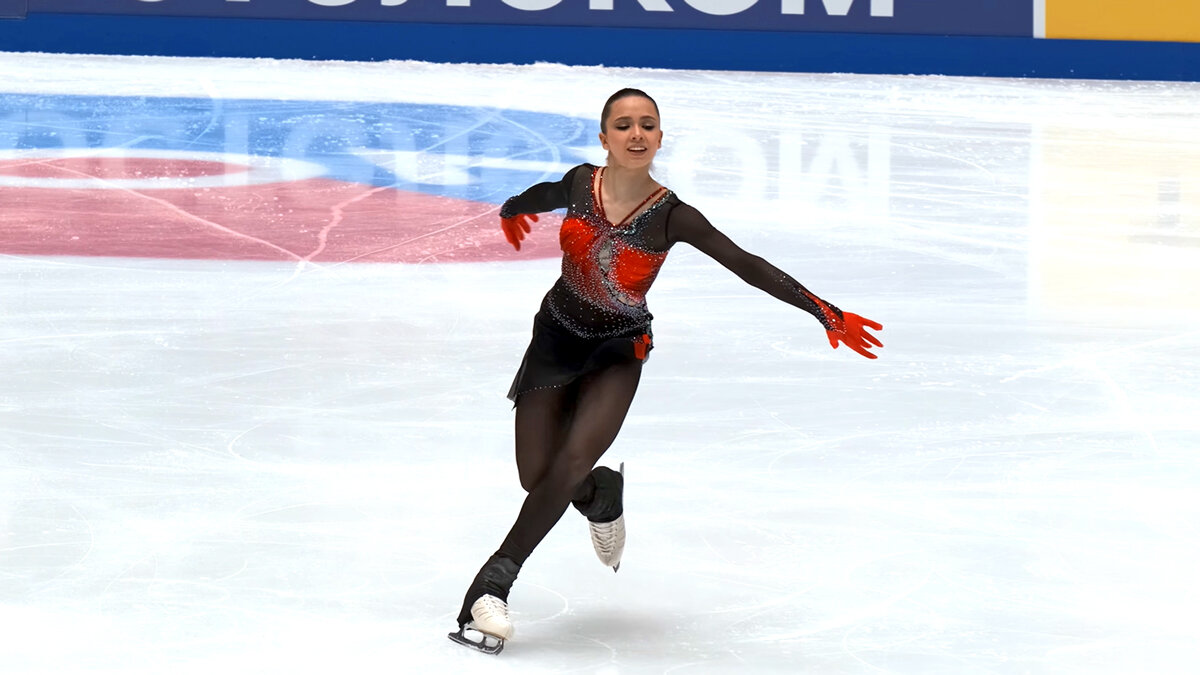 Иллюстрация кадр из видео, выступление Камилы Валиевой, произвольная программа «Болеро», 2022