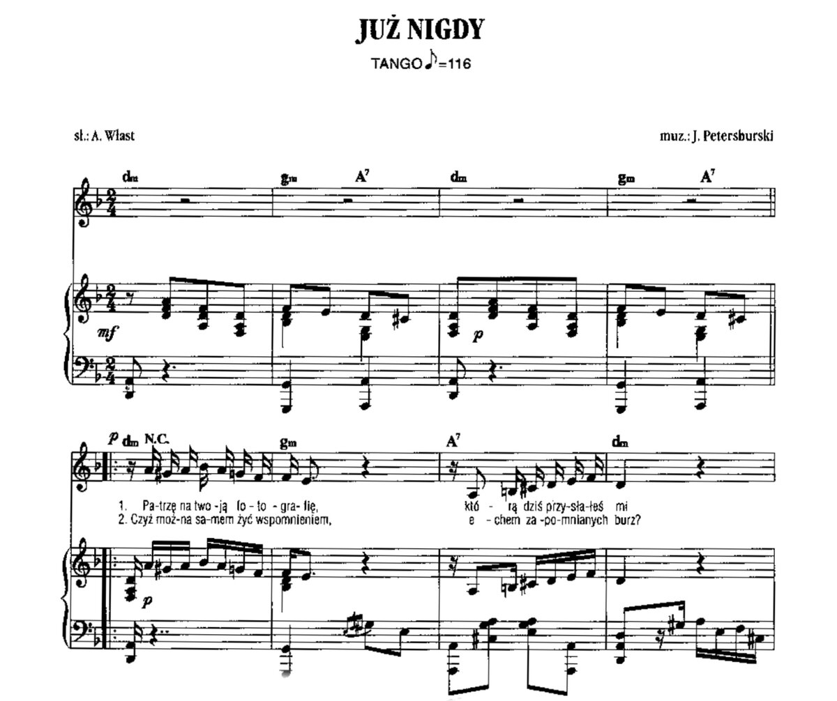 Танго "Juz Nigdy" — по-польски это значит "Уже никогда" (и кстати, на английском "Never again") — впервые исполнила в Польше Вера Бобровска в 1930 году: оно было написано именно для неё, звезды...