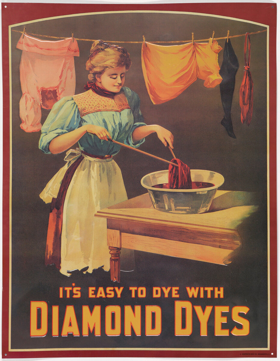 Красители активно рекламировались. A tin sign advertising Diamond Dyes, ca. 1885–1910.