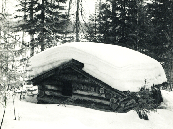  Избушка промыслово-охотничьего стана на Лешозере. Карелия./ Ополовников А. В. Русское деревянное зодчество. 1983