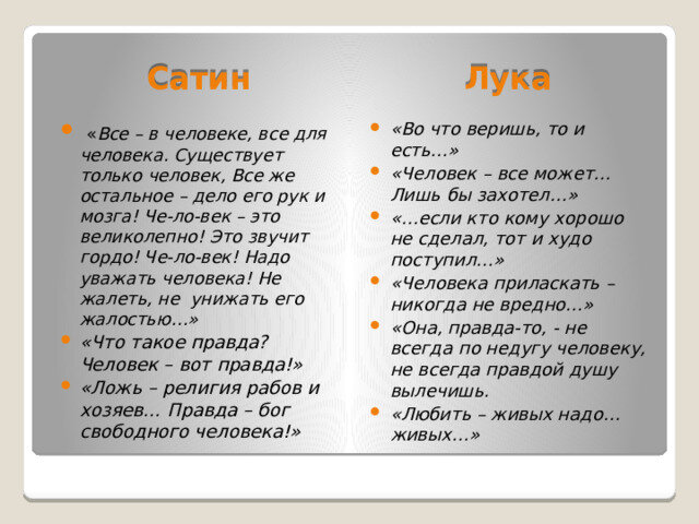 Три правды в пьесе “На дне” Горького в таблице