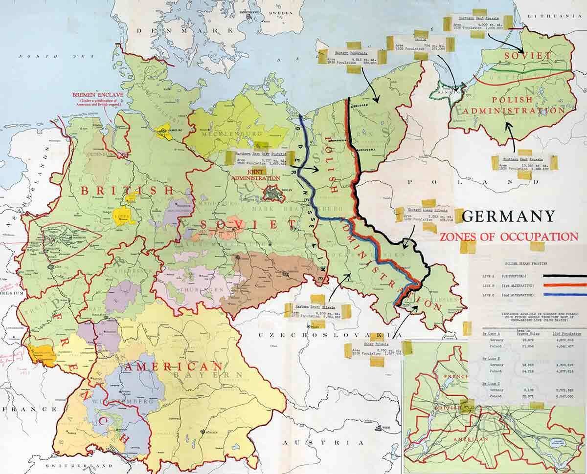 Карта зон оккупации союзников в послевоенной Германии, март 1946 года.