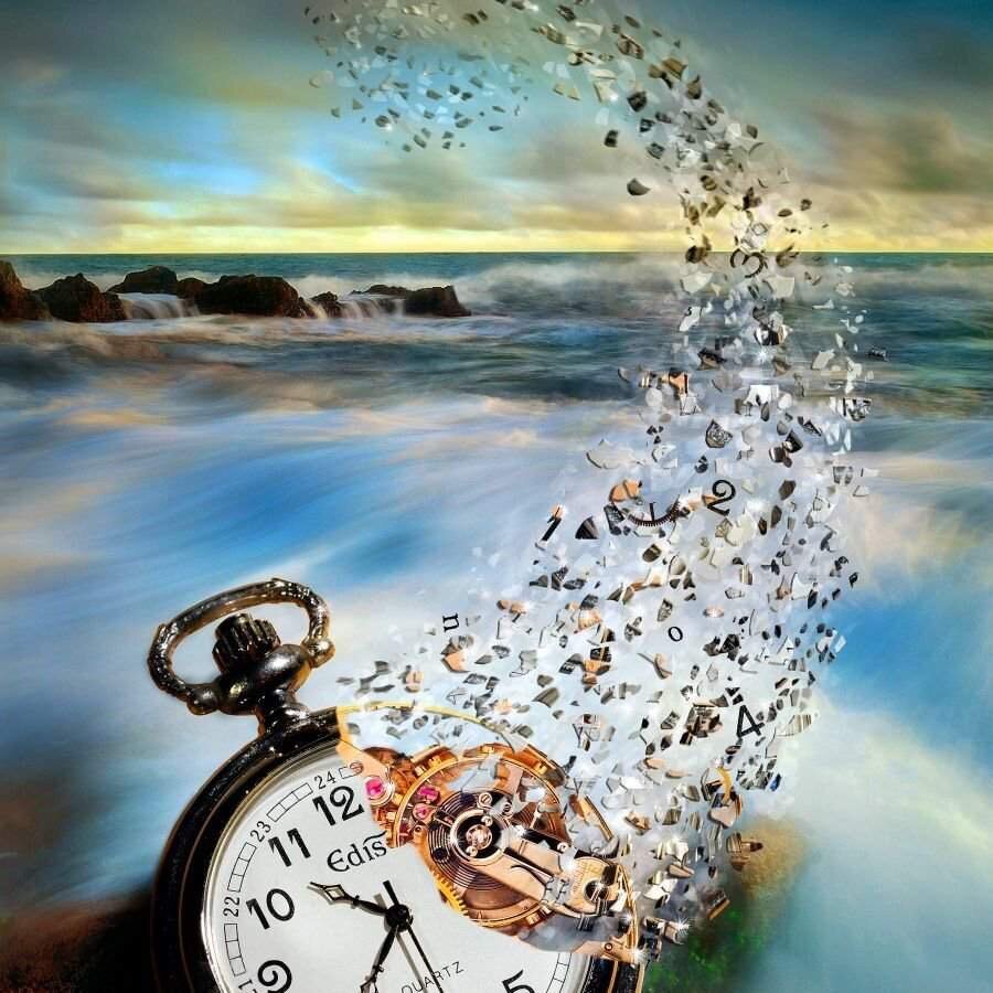 Цените сон. Часы разлетаются. Картина время. Быстротечность жизни. Время утекает.