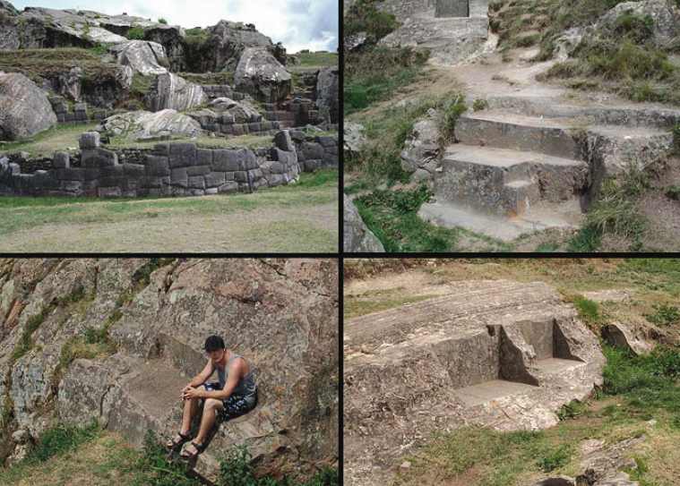 Кладка, ступени и выемки на склоне «зализанной скалы». Изображение взято из книги А. Ю. Склярова «Перу и Боливия задолго до инков», издательство ВЕЧЕ, 2011