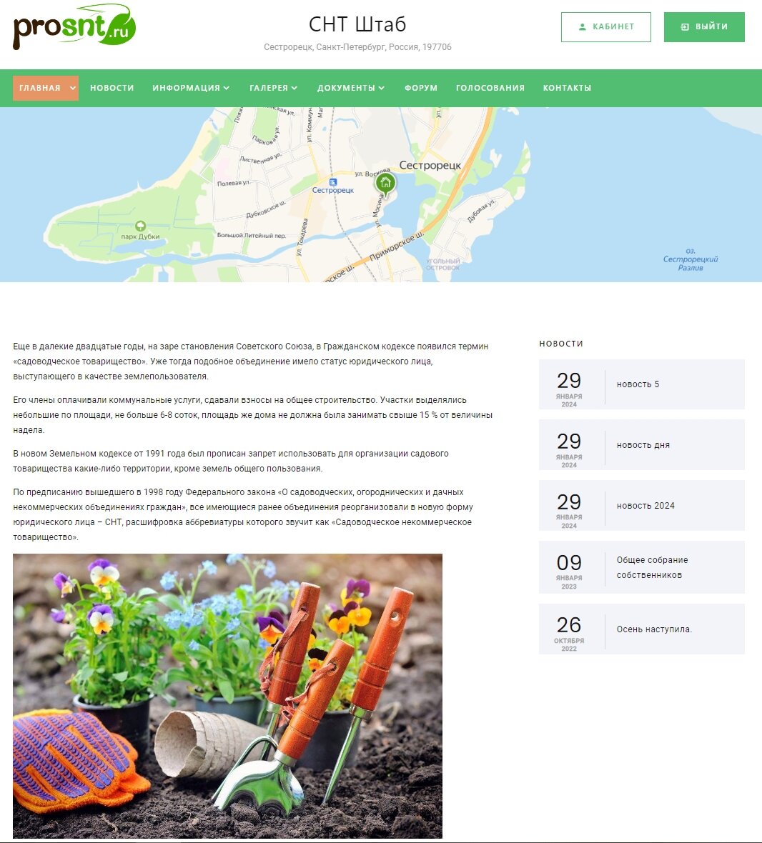 Пример главной страницы сайта СНТ