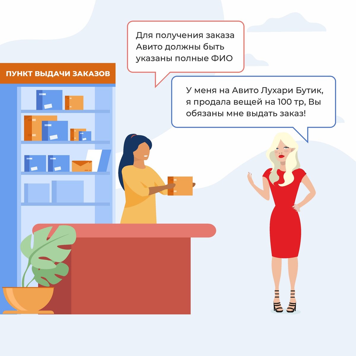 Коллаж, иллюстрирующий ситуацию с Клиентом на пункте выдачи заказов