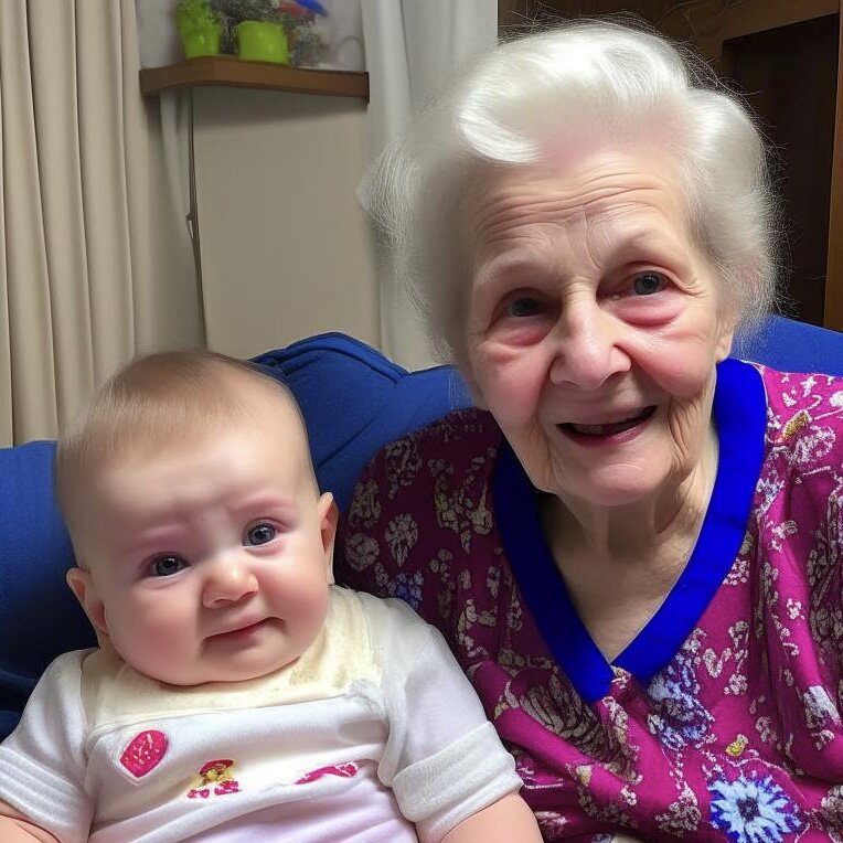 Да, примерно так выглядела мама на нашей кухне с внуком - попросила ее сфотографировать, чтобы отправить подруге (вариация в нейросети)