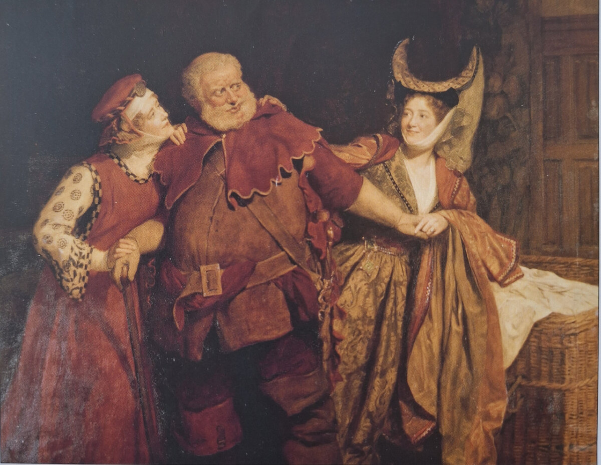 Джон Кольер, сцена из комедии Шекспира "Виндзорские насмешницы". Актеры одеты соответственно эпохи пьесы.