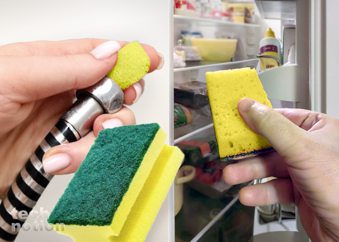 Для чего кухонную губку засовывать в душевой шланг и оставлять на ночь в холодильнике / Изображение: дзен-канал technotion 