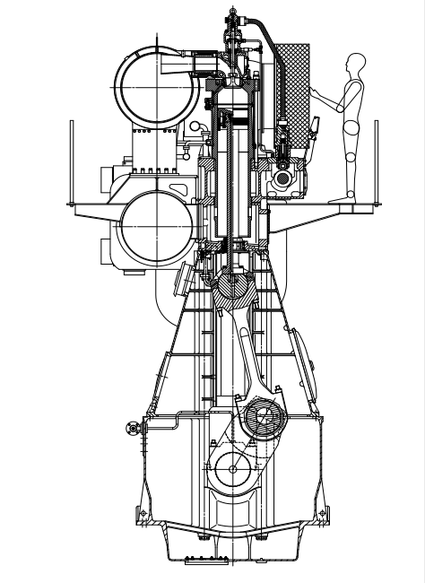 Рисунок 2. Двигатель МАН S35MC в разрезе с фигурой человека на платформе.