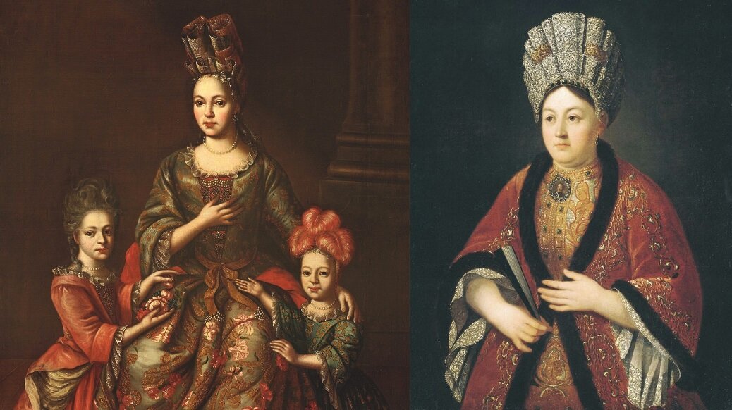 На этих картинах русского художника Ивана Никитина изображены дамы в фонтанжах, причём на портрете справа - нечто среднее между фонтанжем и кокошником. / Википедия.