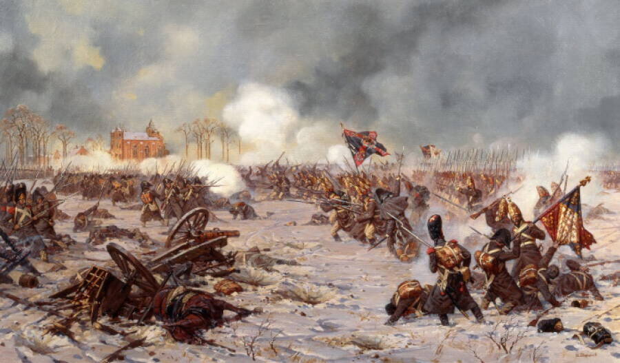 «Сражение под  Прейсиш-Эйлау 27 января (8 февраля) 1807 г. Атака Московского полка».  Картина художника Александра Аверьянова. Источник: pinterest.com