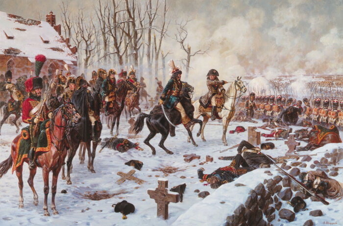 «Сражение под Прейсиш-Эйлау 27 января (8 февраля) 1807 г. Командный пункт Наполеона». Картина художника Александра Аверьянова. Источник: pinterest.com