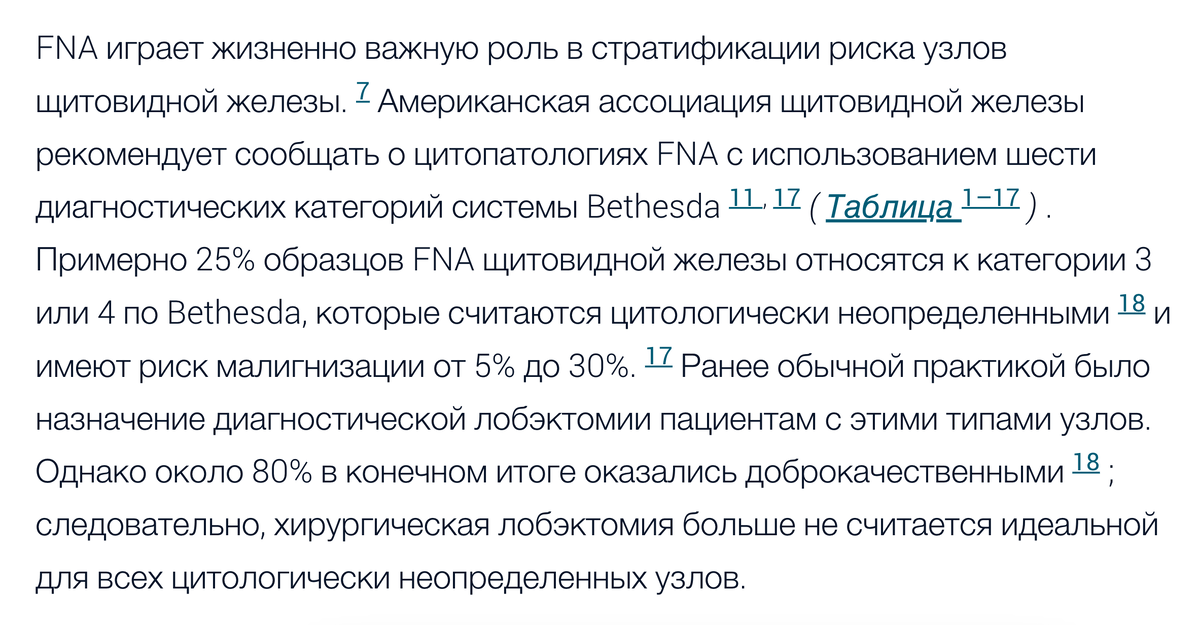 Цитата из Kant R, Davis A, Verma V. Thyroid Nodules: Advances in Evaluation and Management. Am Fam Physician. 2020 Sep 1;102(5):298-304. FNA - это тонкоигольная аспирация (ткани из узла).