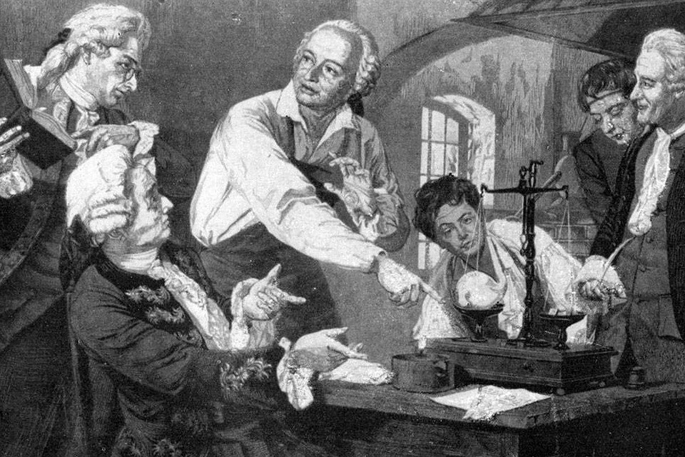    "Ломоносов в химической лаборатории за проверкой опытов Бойля. Гравюра Н. Наговицына", 1958 г.