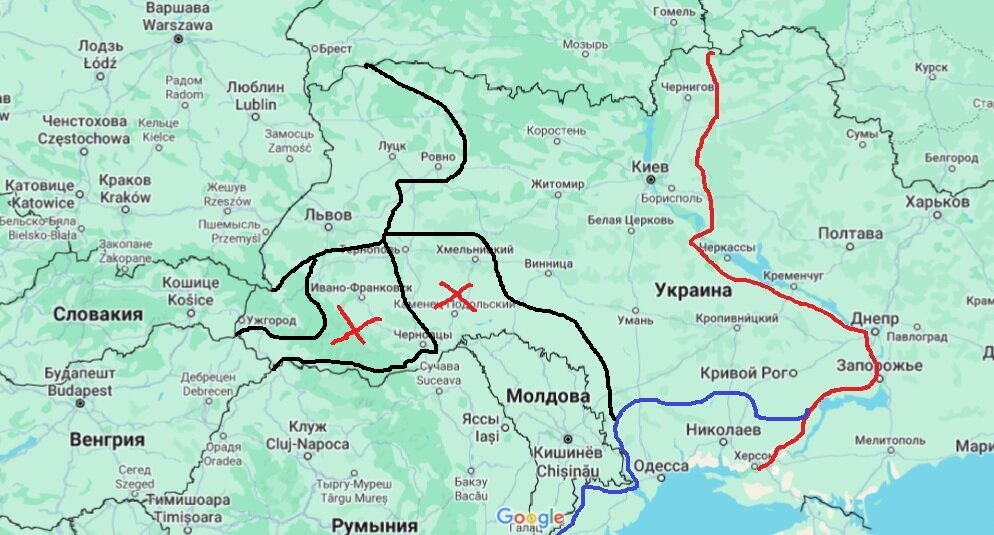 Красная линия для России, дальше ни-ни. Черным отмечены границы "спорных территорий", красными крестиками зоны пересечения интересов Венгрии, Румынии и Молдовы. 