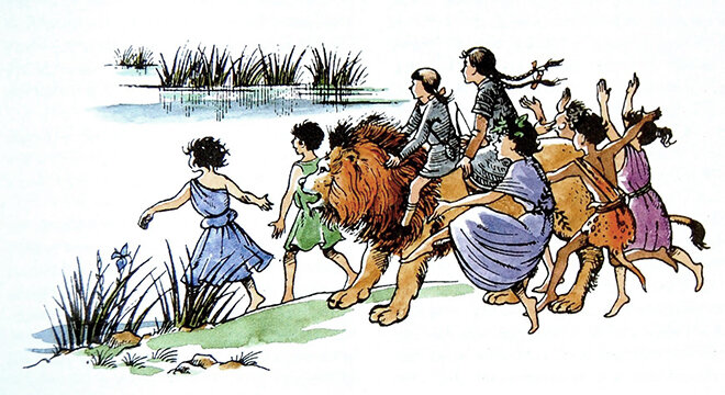 Шествие с менадами. Иллюстрация Паулины Бейнс к ниге «Принц Каспиан». 1950-е годы