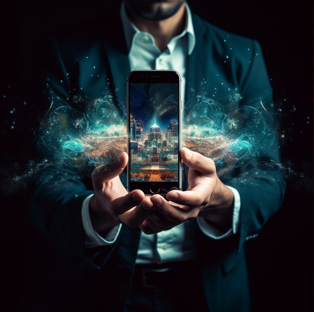 Человек со смартфоном в руках. Иллюстрация сгенерирована нейросетью