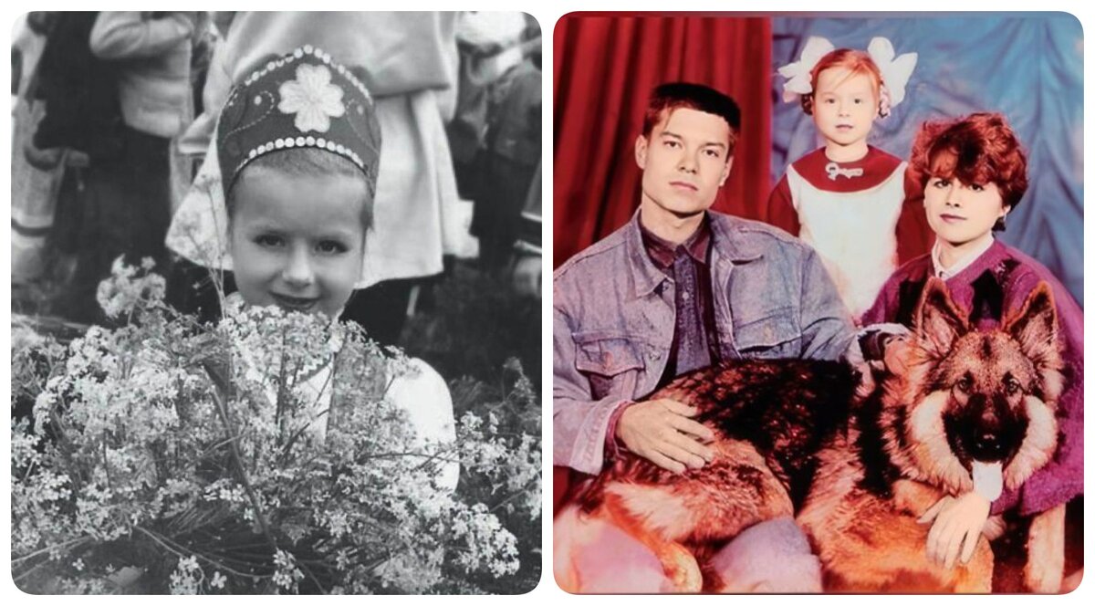 Юлия Савичева в танцевальном ансамбле (слева). Вместе с родителями и любимым псом (справа)