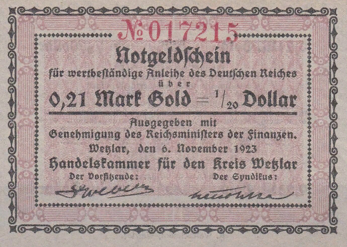 нотгельд Wetzlar. Торговая палата. 0,21 Mark Gold 1923