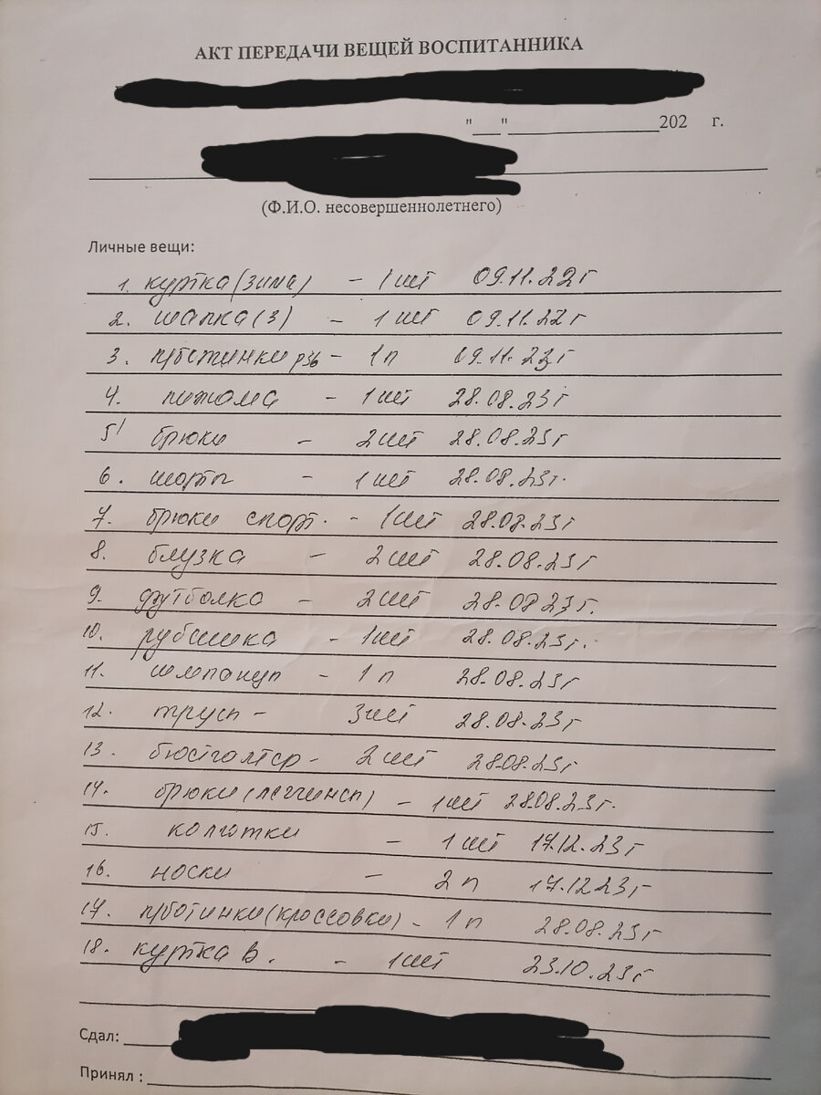 Перечень вещей которые привезла Оля из детдома