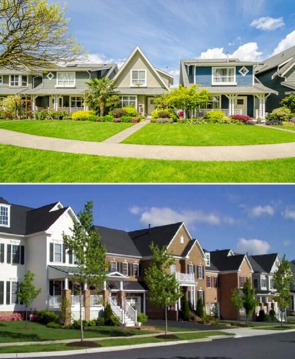 Идея открытости и свободы воплотилась в планировании как городских, так сельских улиц, где преобладают частные домовладения.