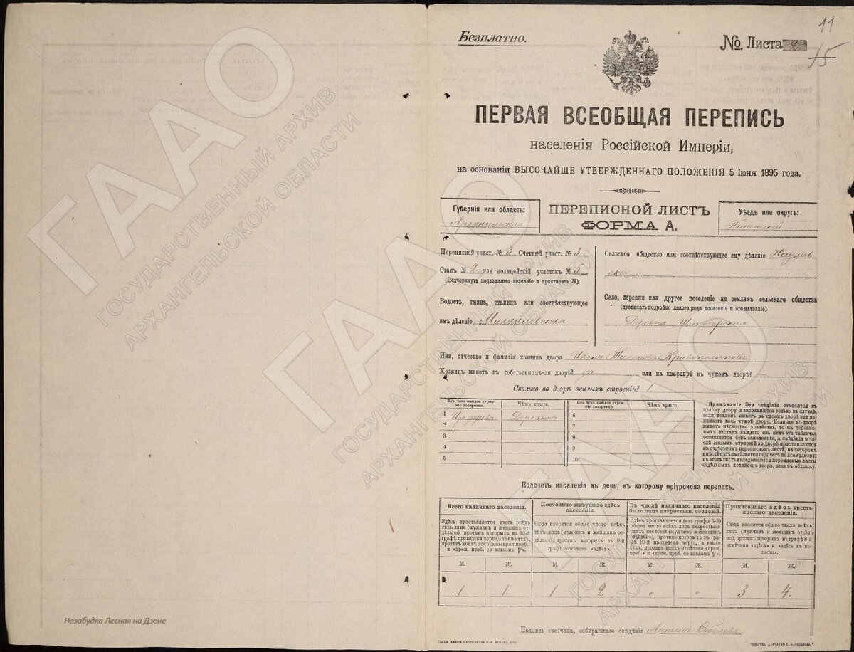 Первая всеобщая перепись населения. Переписной лист