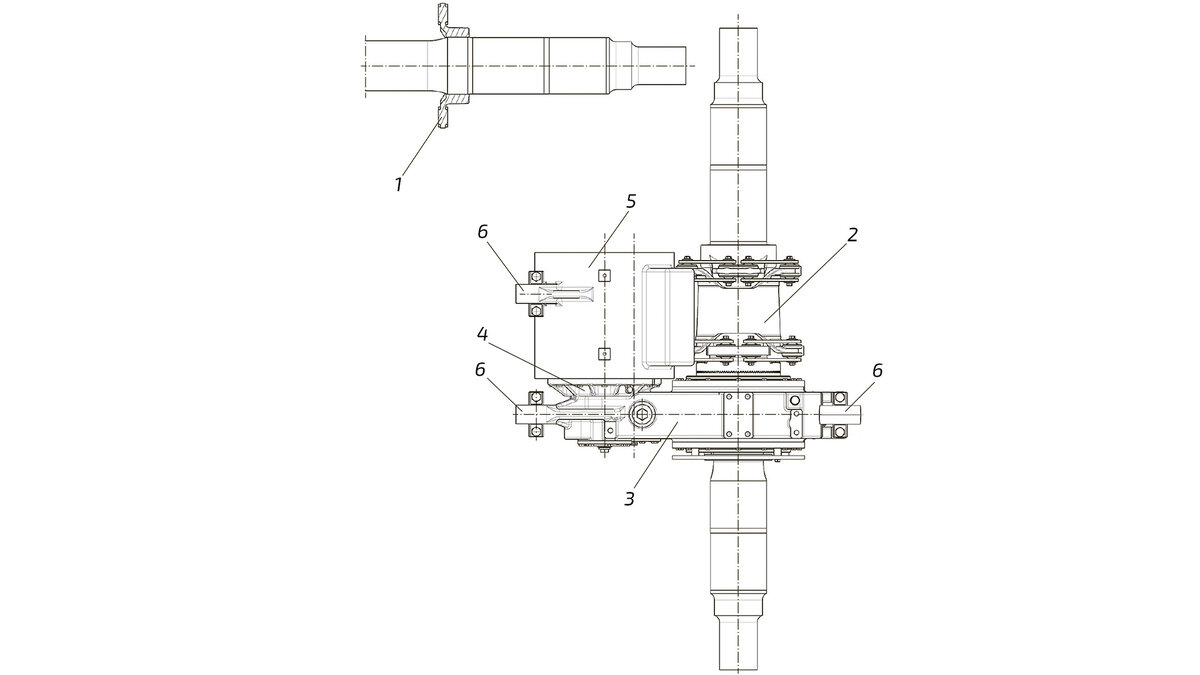 Общий вид ГПУ нового поколения с осью колесной пары. Передача крутящегося момента от оси осуществляется через напрессованный на ось фланец (1) на эластичную муфту (2). Далее момент передается на редуктор (3) с цилиндрической зубчатой передачей и эвольвентным профилем, который с помощью полого ведущего вала установлен на ступице эластичной муфты. От выходного вала редуктора крутящий момент через предохранительную муфту (4) передается на генератор (5). Вся конструкция крепится к раме тележки с помощью трех элементов подвеса (6). Источник: Вестник ВНИИЖТ