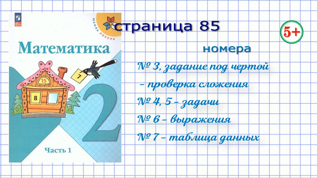 Математика страница 85 номера 3, 4, 5, 6, 7, под чертой 2 класс 1 часть  Моро. Тема: проверка сложения, обратные задачи. Начальная школа