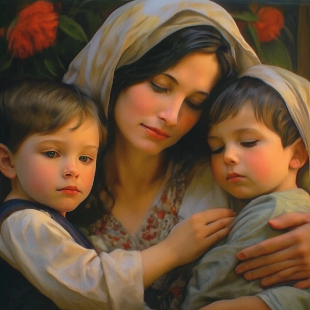 Создано в шедевруме. Дети всегда маму поддержат и не дадут хандрить!